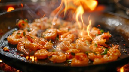 A pan of a skillet filled with shrimp and fire, AI