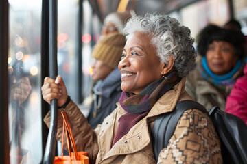 A woman with a scarf on her neck is smiling as she sits on a bus