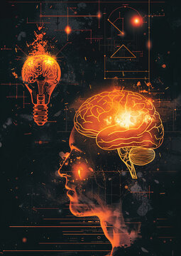 Illustration of a brain on fire, exploding with ideas and light and electricity. Themes of creativity and inspiration. 3d style head with brain x-ray glowing on a black background. Light bulb light. 