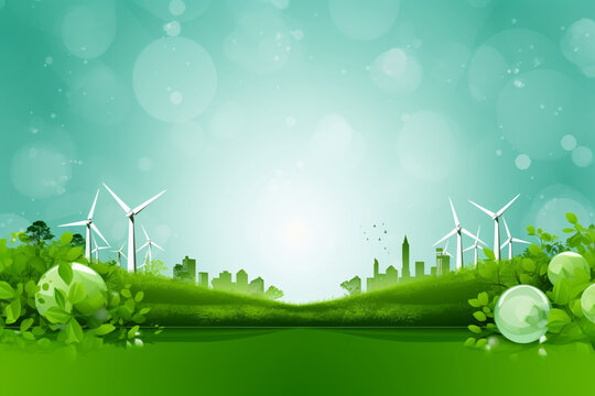 A green background with a cityscape and windmills