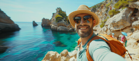 Tourist taking selfie with smartphone, enjoying beach vacation, Travel lifestyle - Powered by Adobe