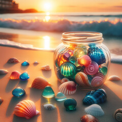 Exquisite Colorful Shiny Reflective Glass Seashells Sea Shell & Pebbles Arrangement on a Sandy...
