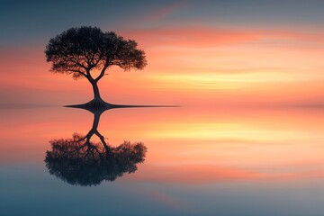 Tranquil Reflection of a Lone Tree on a Glassy Lake at Sunset, on Earth Day the water's surface as the sun sets, painting the sky in hues of orange and pink. with copy space for text