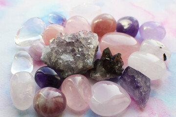 Beautiful purple druzy with amethyst crystals in rose quartz. Magical semi-precious stones.