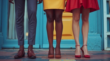 Three people wearing different colored shoes standing next to each other, AI