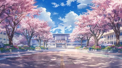 Photo sur Plexiglas Lavende Anime school background with cherry blossom trees, pastel colors, blue sky, sunshine, white clouds, and a clear road leading to the main entrance of an anime-style high school building. 