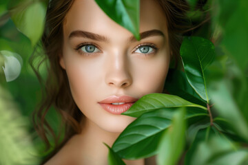 Naklejka premium Enchanting Portrait of a Young Woman Surrounded by Nature's Greenery, Gaze Holding a Secret