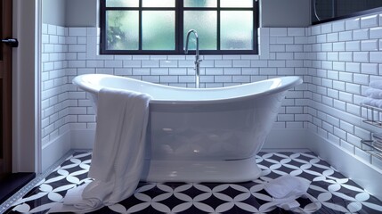 Elegant bathroom with freestanding tub and monochrome tiles