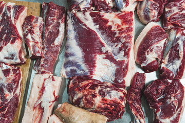beef displayed at the butchershop, closeup shot, pig meat. High quality photo