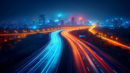Fototapeta na wymiar A dynamic and high speed abstract background of city highway with light trails at night. AI Image Generative