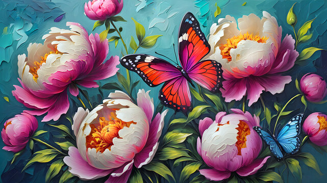 bright butterflies and colorful beautiful peony flowers painted with oil paints. bright summer background