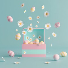 A pink gift box with eggs and fresh spring flowers floating on blue pastel background. Abstract minimal Easter concept.  