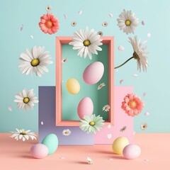 Abstract background made of gift box and floating eggs and fresh spring flowers on blue pastel background. Minimal Easter concept.	
