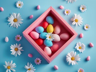 A pink gift box with eggs and fresh spring flowers on blue pastel background. Abstract minimal Easter concept. 