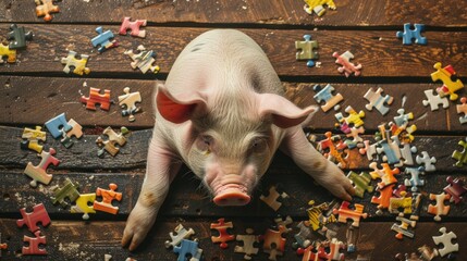 Adorable top view of a cute pig solving a jigsaw puzzle, playful and clever. Ai Generated - obrazy, fototapety, plakaty
