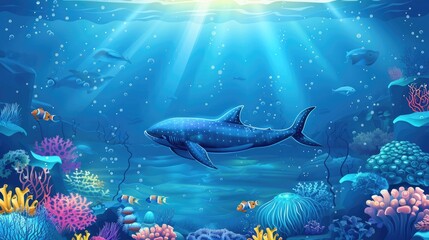 Obraz na płótnie Canvas Stunning blue ocean background with sunlight filtering through, revealing an enchanting undersea scene. Ai Generated