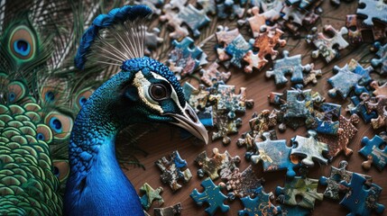 Adorable top view of a peacock solving a jigsaw puzzle, charming and playful. Ai Generated - obrazy, fototapety, plakaty