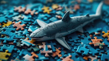 Adorable shark engrossed in a surprising jigsaw puzzle, Ai Generated.