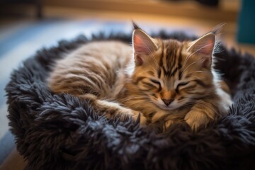 Cute small cat peacefully resting on a pet bed at home, Ai Generated.