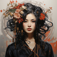 Photo of a geisha with floral hair accessories generative ai