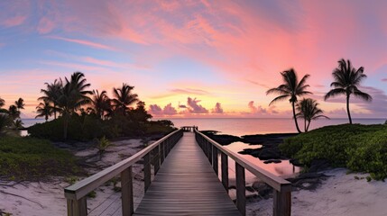 Panoramic view of a footbridge leading to Smathers Beach, bathed in the morning light. Ai Generated.