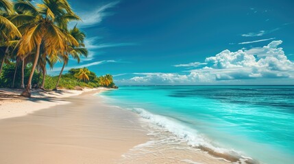 Paradise beach with palm trees, calm ocean, sunshine, and a blue sky in a panoramic banner. Ai Generated.