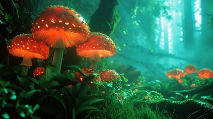 Detailed 3D render showcases the vibrant hues of the fly agaric mushroom, Ai Generated. - obrazy, fototapety, plakaty
