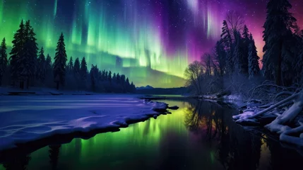 Poster Winter aurora paints a mesmerizing spectrum of colors across the night sky, Ai Generated. © Crazy Juke