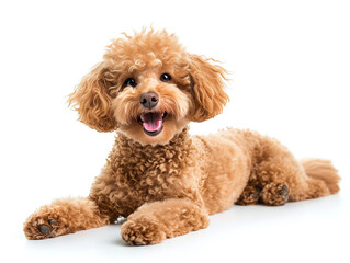 Cute toy poodle laying down on white floor isolated on white studio background. full length shot.