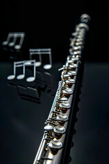 Elegantly Designed Silver JL Smith Flute on a Music Themed Background Ready to Play Melodious Tunes