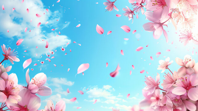Pink cherry blossom petals flying in the sky, background with copy space for text. Spring floral wallpaper, blooming sakura flowers, nature landscape banner. 