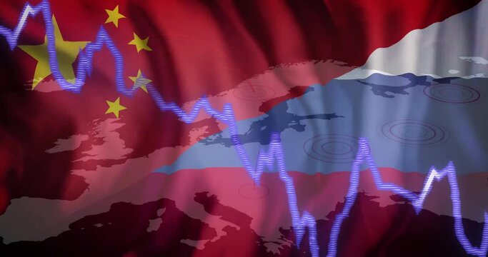 Animation of financial data processing over flag of china and russia
