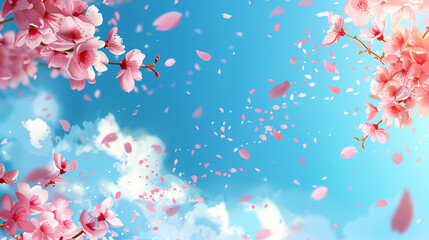 Pink cherry blossom petals flying in the sky, background with copy space for text. Spring floral...