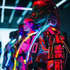 models wearing high-tech clothing. The style is futuristic and glamorous. The lighting is bright and colorful