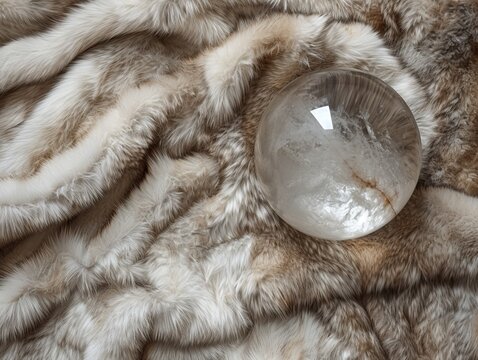 A crystal orb rests on luxurious faux fur, symbolizing opulence and mystery, suitable for high-end product photography or mystical themes.
