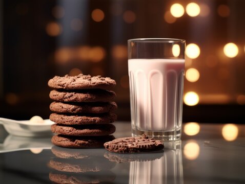Stacked chocolate cookies alongside a glass of milk with a cozy bokeh background, suitable for dessert recipe websites or cozy evening snack ideas