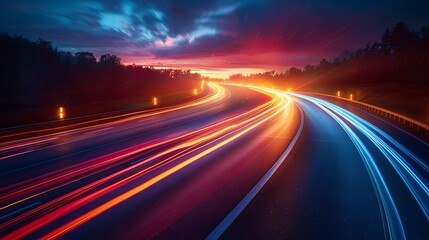 A dynamic and high speed abstract background of city highway with light trails at night. AI Image Generative - obrazy, fototapety, plakaty