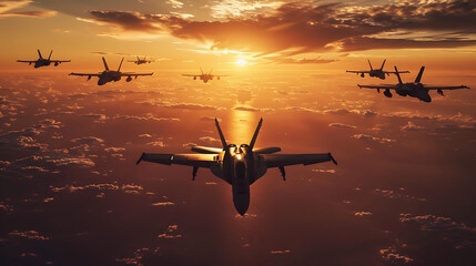 A formation of jet fighters flying above the clouds with backdrop of a sunset