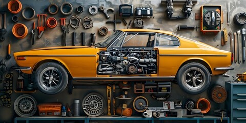 Mechanics tools and spare parts with yellow car in auto shop. Concept Auto Shop, Mechanics Tools, Spare Parts, Yellow Car - obrazy, fototapety, plakaty