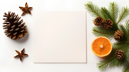 Christmas blank greeting card mock-up scene. Festive winter wedding composition. Craft envelope, pine cone, gift box, orange fruit slices and fir tree branch on white table, linen background. Flat lay