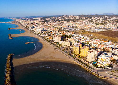 Aerial photo of Mediterranean seashore and pocket beaches in Cunit, province of Tarragona, Spain.