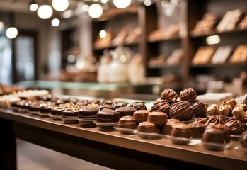 Blurred image of a gourmet chocolate shop, generative AI