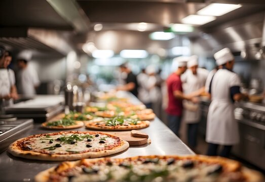Blurred image of a busy pizza kitchen, generative AI