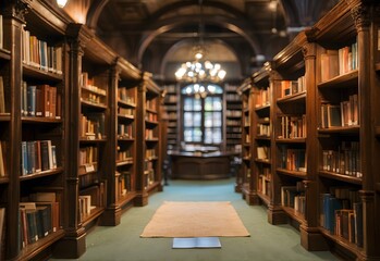 Blurred image of a well-stocked library, generative AI
