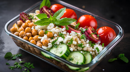 
Healthy low carb salad, meal prep container with cauliflower rice, fresh vegetables, feta cheese and chickpeas