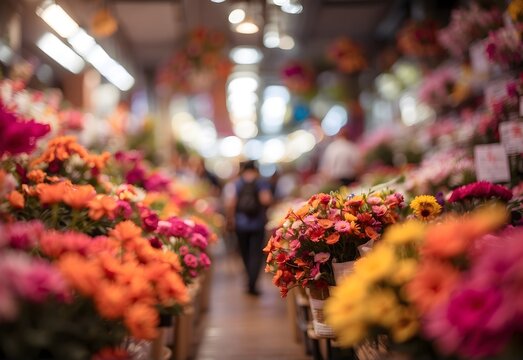 Blurred image of a vibrant flower market, generative AI