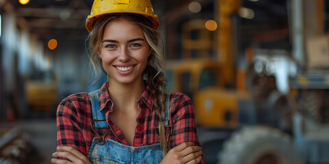 A woman wearing a hard hat and a red plaid shirt is smiling