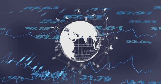 Animation of globe with currency symbols and data processing