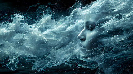 Surreal portrait of a woman's visage composed of water, with detailed splashes shaping her features