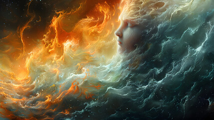 Abstract depiction of a woman's profile embodying fiery and aquatic elements in a dualistic design